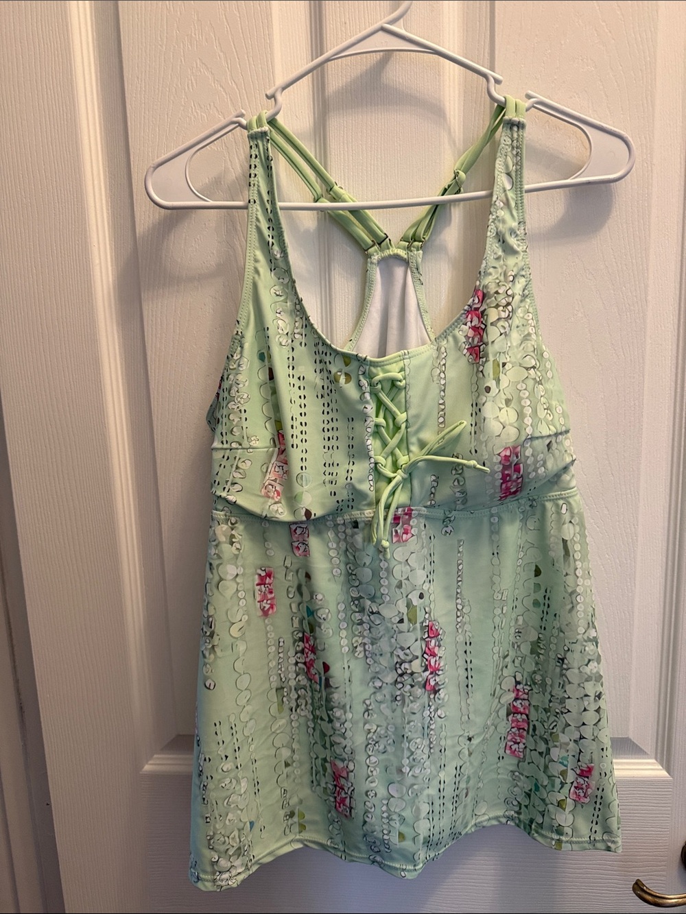 Women’s Two piece Swimsuit Light Green Floral Lace-UpTankini /shorts